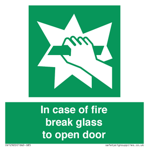 In case of fire break glass to open door